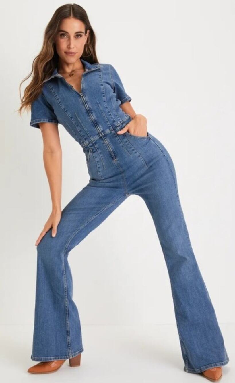 We The Free 2 Jayde Medium Rinse Blue Denim Full Zip Flare Leg Jumpsuit Size 2
